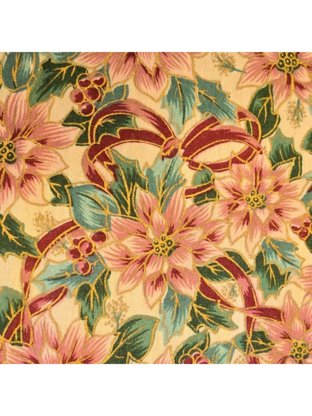 Vintage Pink Poinsettia Christmas Tablecloth Burgundy Bows & Holly 50x69 square